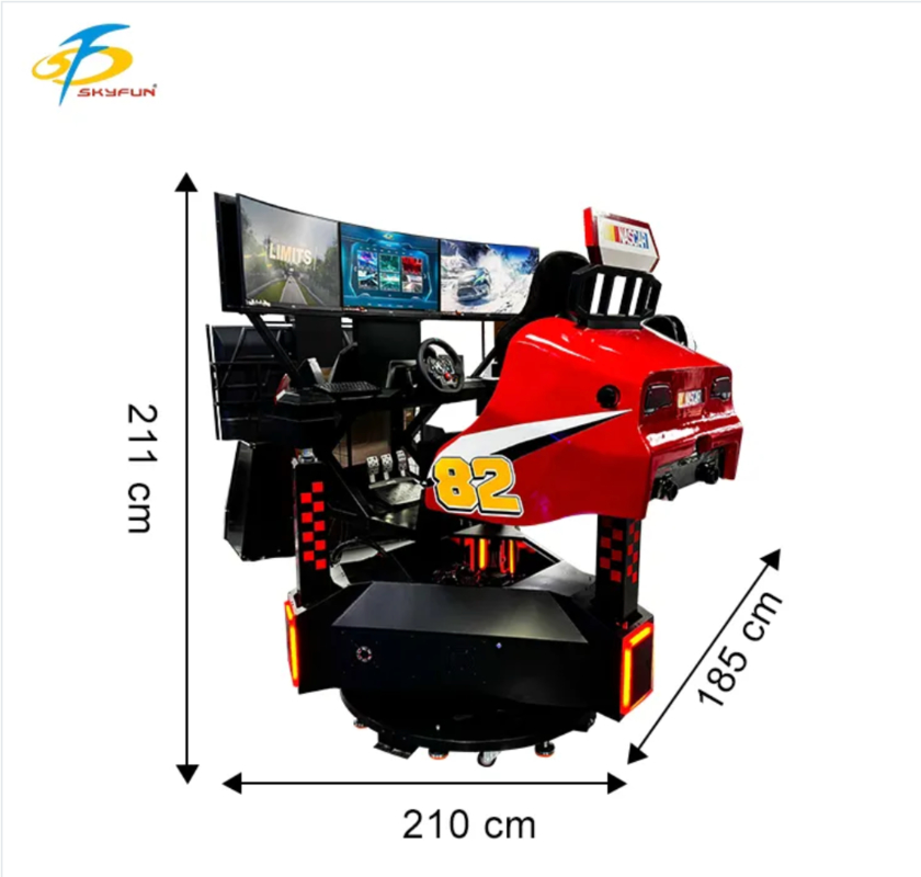 Máquina arcade de coches de carreras rojos de 3 pantallas   360 ° Rotación, retroalimentación de la fuerza, audio 3D, alta tasa de actualización, simulador de conducción VR inmersivo para FEC y arcades