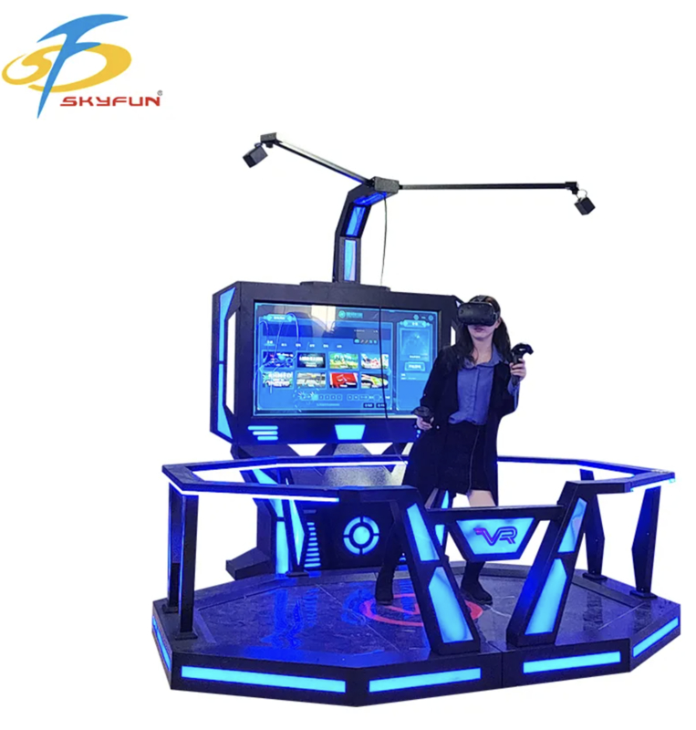Plataforma de juego VR HTC Vive 9D de pie de etapa intermedia – Simulador VR interactivo a escala de habitación con más de 100 juegos, auriculares VR de alta resolución, pago con monedas o tarjetas para arcades
